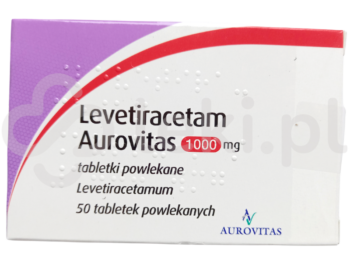 Zdjęcie przedstawia lek dostępny na receptę Levetiracetam Aurovitas, tabletki powlekane, 1000 mg.