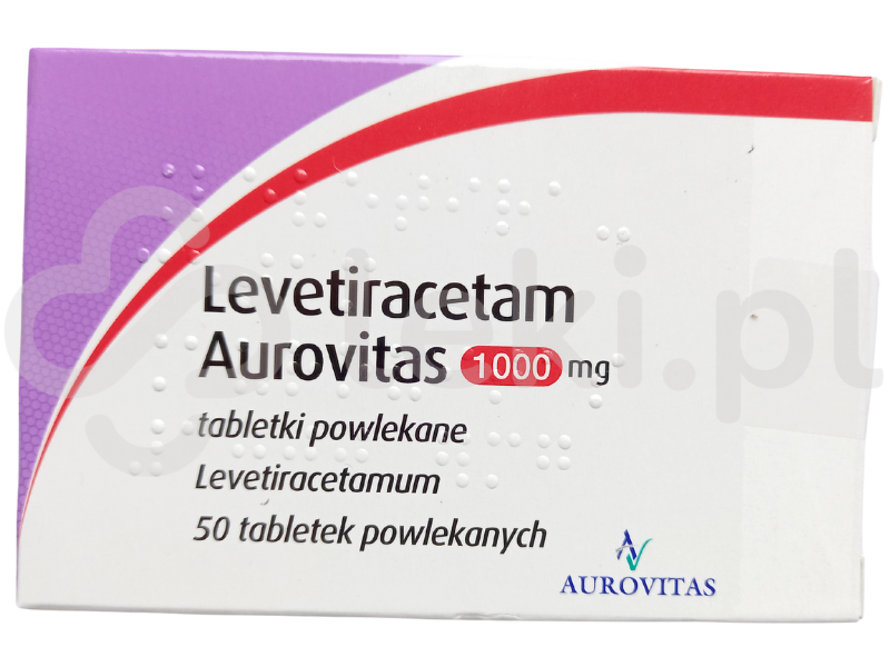 Zdjęcie przedstawia lek dostępny na receptę Levetiracetam Aurovitas, tabletki powlekane, 1000 mg.