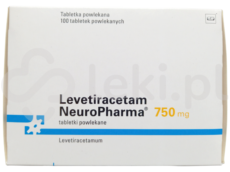 Zdjęcie przedstawia lek dostępny na receptę Levetiracetam NeuroPharma, tabletki powlekane, 750 mg.