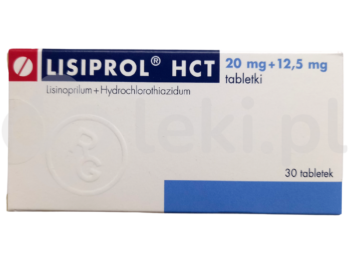 Zdjęcie przedstawia lek dostępny na receptę Lisiprol HCT, tabletki, 20 mg + 12,5 mg.