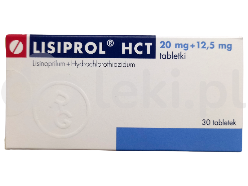 Zdjęcie przedstawia lek dostępny na receptę Lisiprol HCT, tabletki, 20 mg + 12,5 mg.