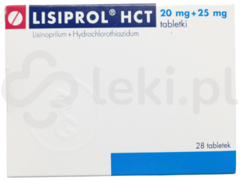 Zdjęcie przedstawia lek dostępny na receptę Lisiprol HCT, tabletki, 20 mg + 25 mg.