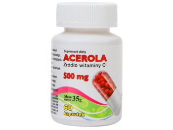 Zdjęcie przedstawia suplement diety Acerola w kapsułkach, 500 mg.