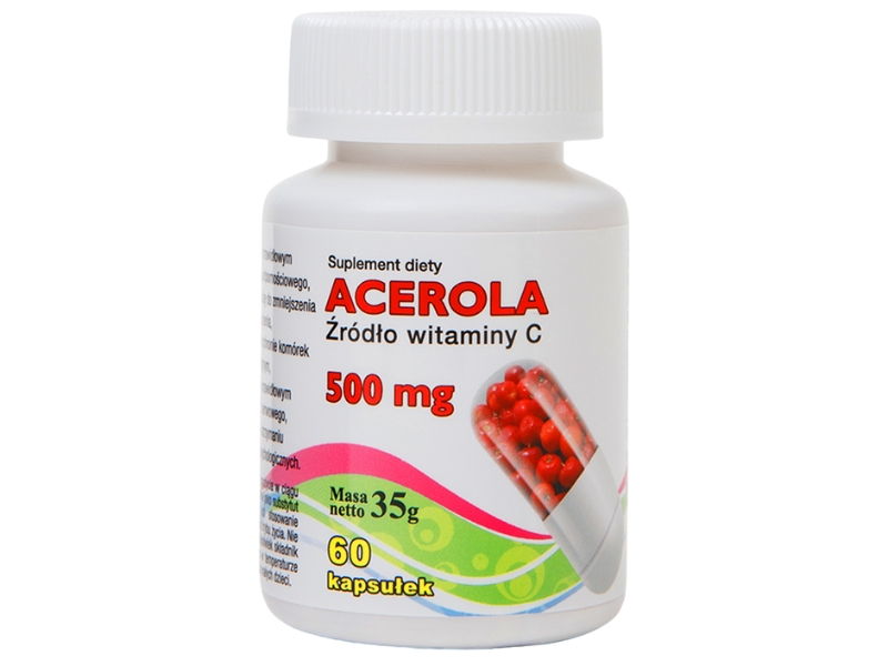 Zdjęcie przedstawia suplement diety Acerola w kapsułkach, 500 mg.