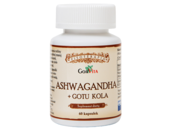 Zdjęcie przedstawia suplement diety Ashwagandha + Gotu Kola w kapsułkach.