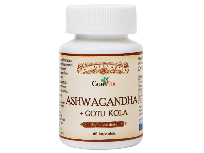 Zdjęcie przedstawia suplement diety Ashwagandha + Gotu Kola w kapsułkach.