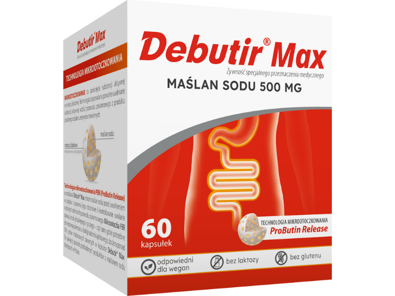 Zdjęcie przedstawia środek spożywczy Debutir Max, kapsułki twarde.