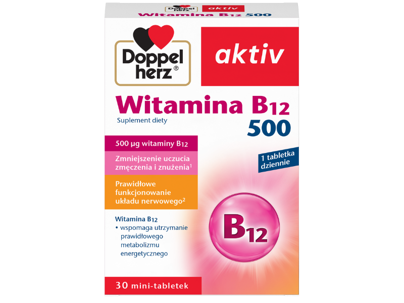 Zdjęcie przedstawia suplement diety Doppelherz aktiv Witamina B12 500, tabletki.