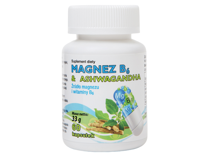 Zdjecie przedstawia suplement diety Magnez B6 & Ashwagandha w kapsułkach.