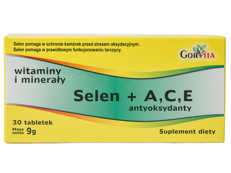 Zdjęcie przedstawia suplement diety Selen A,C,E w tabletkach.