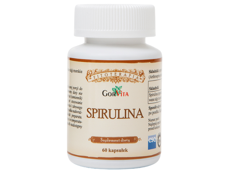 Zdjęcie przedstawia suplement diety Spirulina w kapsułkach.