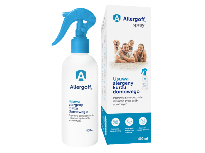 Zdjęcie przedstawia środek higieniczny Allergoff spray neutralizator alergenów kurzu domowego.