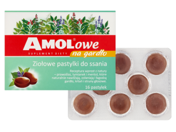 Zdjęcie przedstawia suplement diety Amolowe na gardło, pastylki do ssania.