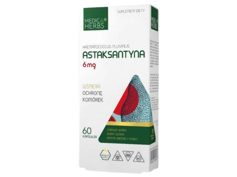 Zdjęcie przedstawia suplement diety Astaksantyna Medica herbs ochrona komórek, kapsułki, 6 mg.