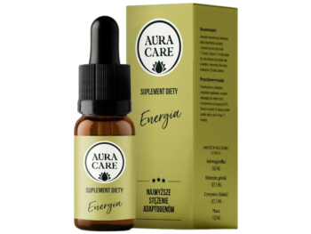 Zdjęcie przedstawia suplement diety Aura Care Naturalne adaptogeny energia, olejek.