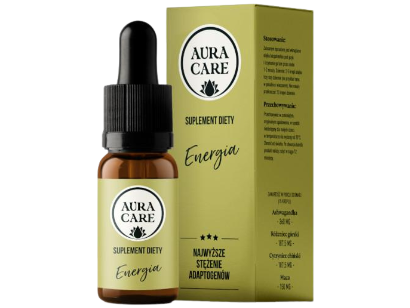 Zdjęcie przedstawia suplement diety Aura Care Naturalne adaptogeny energia, olejek.