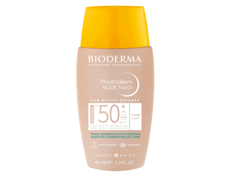Zdjęcie przedstawia dermokosmetyk Bioderma Photoderm Nude Touch Mineral SPF50+, odcień jasny, podkład.