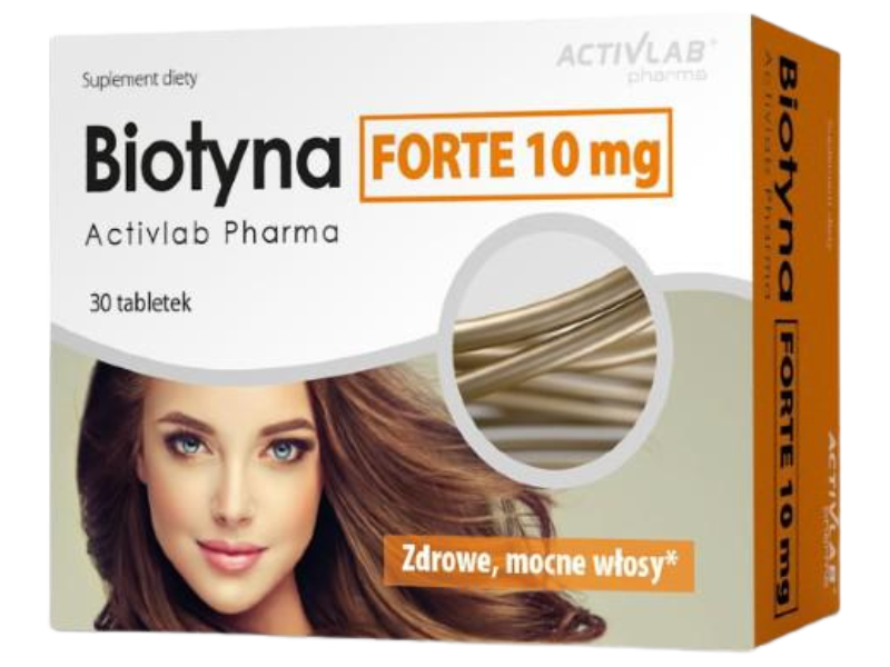 Zdjęcie przedstawia suplement diety Biotyna forte, tabletki, 10 mg.