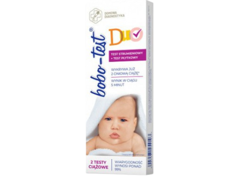 Zdjęcie przedstawia wyrób medyczny Bobo-Test Duo test ciążowy (strumieniowy + płytkowy), test diagnostyczny.