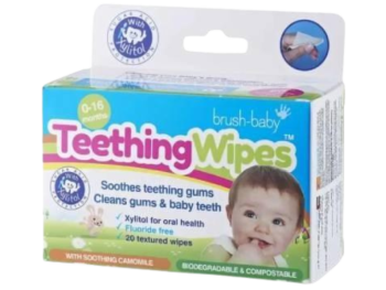 Zdjęcie przedstawia dermokosmetyk Brush Baby Teething wipes gaziki nasączone ksylitolem i rumiankiem.