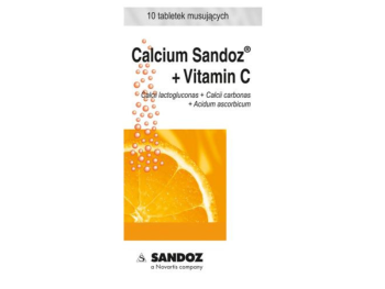 Zdjęcie przedstawia lek bez recepty Calcium Sandoz + witamina C, tabletki musujące, 260 mg + 1000 mg.