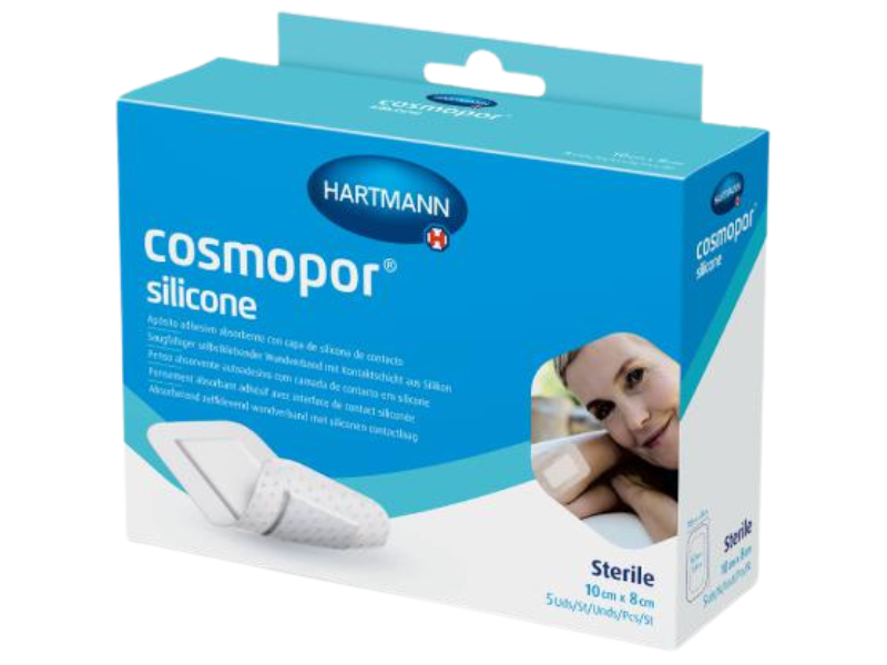 Zdjęcie przedstawia wyrób medyczny Cosmopor Silicone opatrunek samoprzylepny 10 cm x 8 cm.