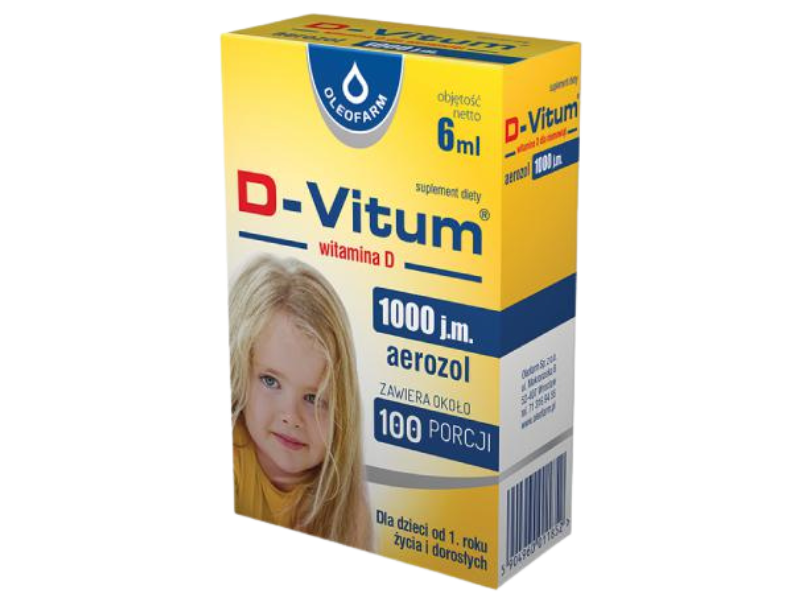 Zdjęcie przedstawia suplement diety D-Vitum witamina D w aerozolu dla dzieci 1+, 25 µg (1000 j.m.)