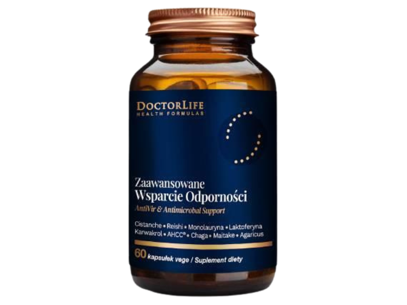 Zdjęcie przedstawia suplement diety Doctor Life Antivir z laktoferyną, AHCC, kapsułki.