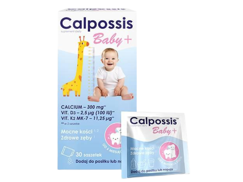 Zdjęcie przedstawia suplement diety Domowa Apteczka Calpossis Baby +, saszetki.