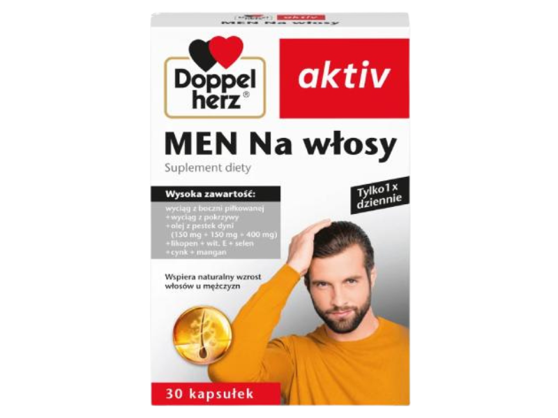 Zdjęcie przedstawia suplement diety Doppelherz Aktiv Men na włosy, kapsułki.
