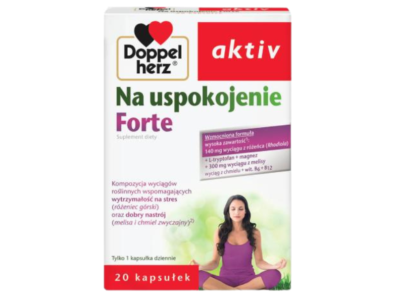 Zdjęcie przedstawia suplement diety Doppelherz Aktiv na uspokojenie Forte, kapsułki.