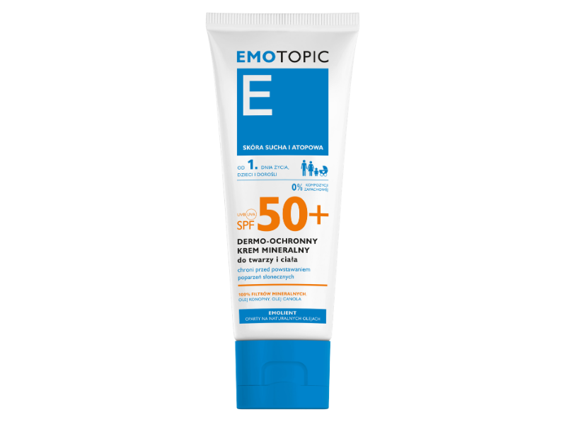Zdjęcie przedstawia dermokosmetyk Emotopic dermo-ochronny krem mineralny SPF50+.