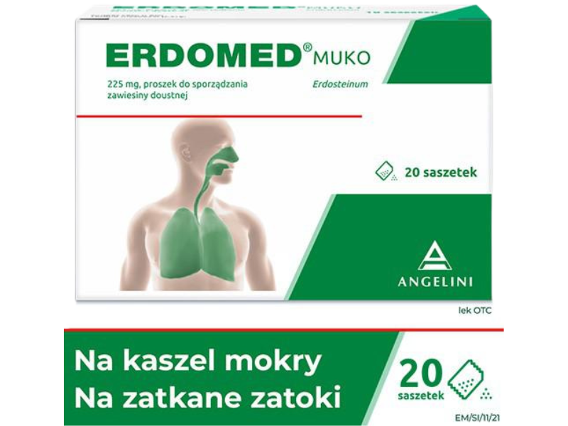 Zdjęcie przedstawia lek bez recepty Erdomed Muko, proszek do sporządzania zawiesiny doustnej, 225 mg.