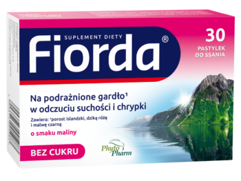Zdjęcie przedstawia suplement diety Fiorda, smak malinowy, pastylki do ssania.