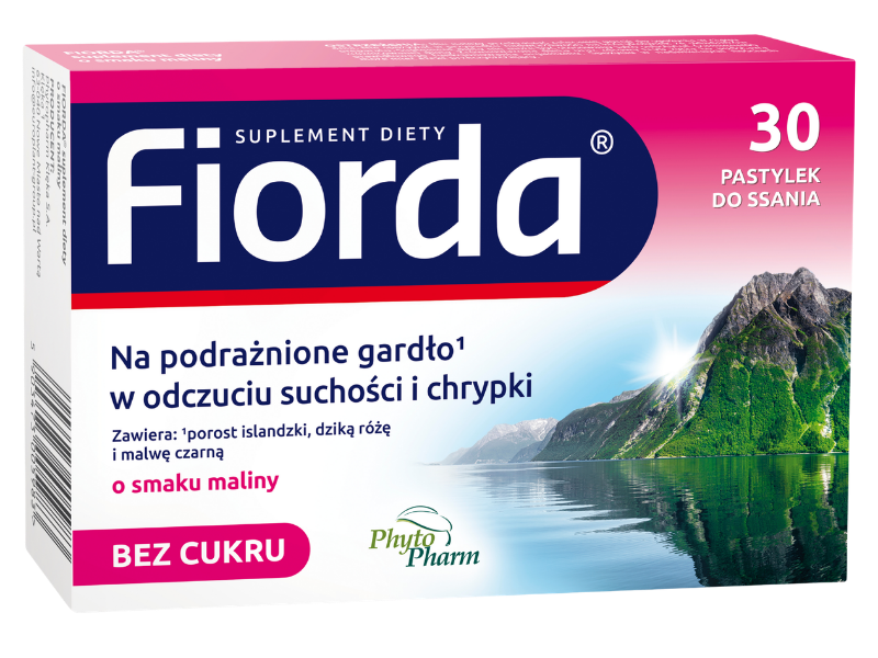 Zdjęcie przedstawia suplement diety Fiorda, smak malinowy, pastylki do ssania.