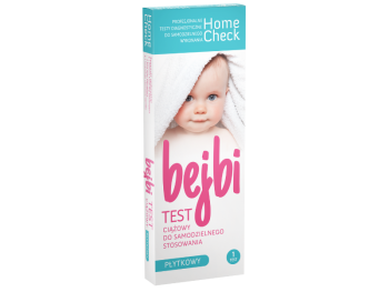 Zdjęcie przedstawia wyrób medyczny Home Check Bejbi test ciążowy płytkowy, test diagnostyczny, 20 mIU/ml.