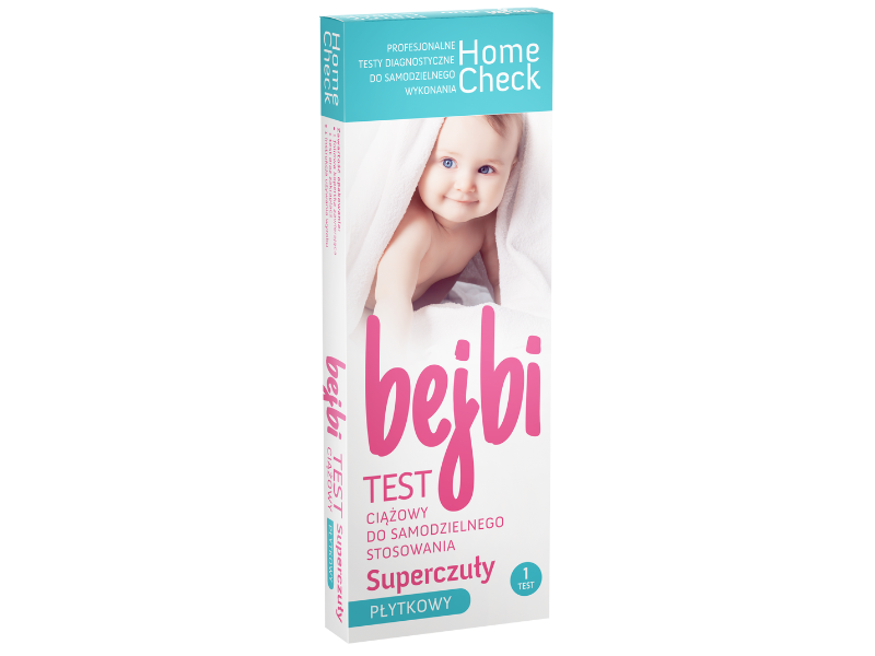 Zdjęcie przedstawia wyrób medyczny Home Check Bejbi test ciążowy płytkowy super czuły, test diagnostyczny, 10 mIU/ml.