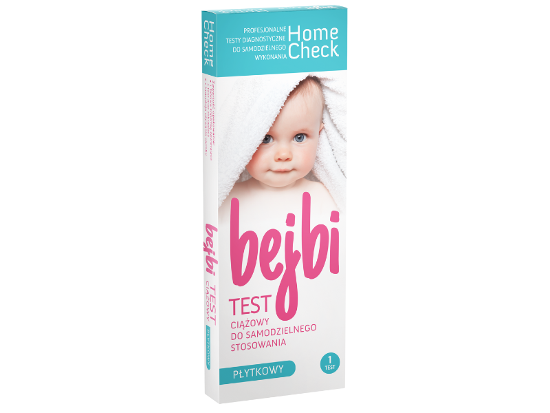 Zdjęcie przedstawia wyrób medyczny Home Check Bejbi test ciążowy płytkowy, test diagnostyczny, 20 mIU/ml.