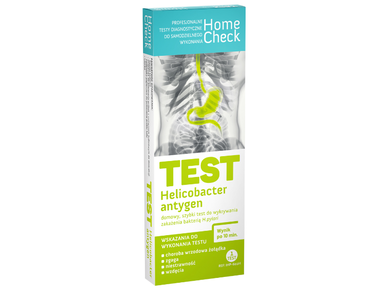 Zdjęcie przedstawia wyrób medyczny Home Check Helicobacter antygen test, test diagnostyczny.