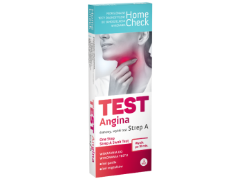 Zdjęcie przedstawia wyrób medyczny Home Check Test Angina Strep A, test diagnostyczny.
