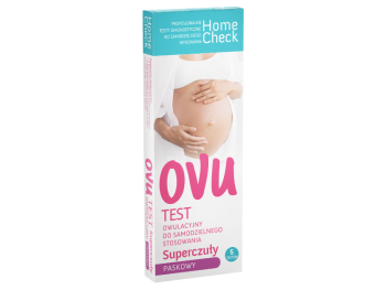 Zdjęcie przedstawia wyrób medyczny Home Check Test owulacyjny Ovu paskowy, test paskowy, 25 mlU/ml.