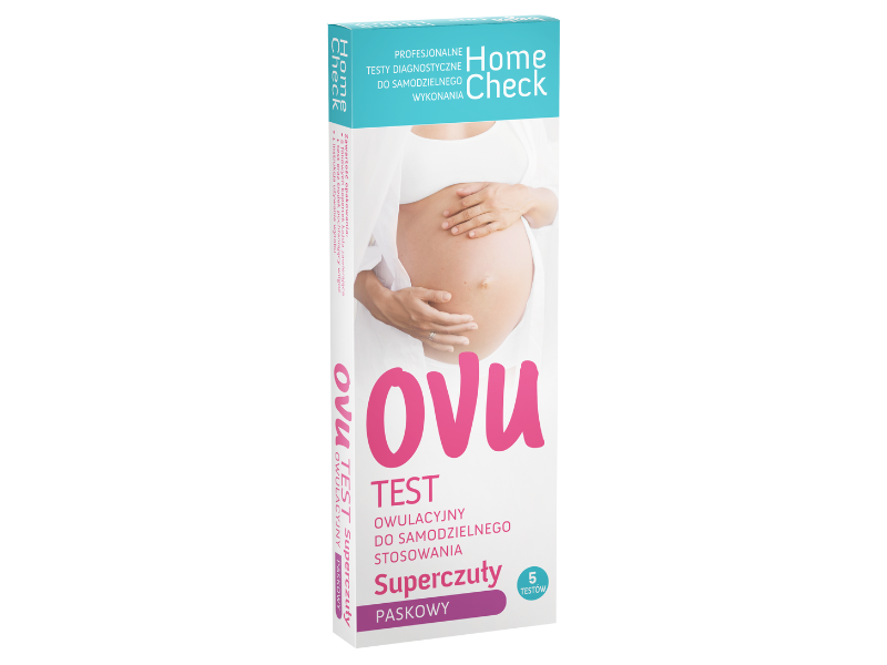 Zdjęcie przedstawia wyrób medyczny Home Check Test owulacyjny Ovu paskowy, test paskowy, 25 mlU/ml.