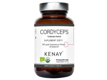 Zdjęcie przedstawia suplement diety Kenay Cordyceps sinensis organiczny, kapsułki, 525 mg.