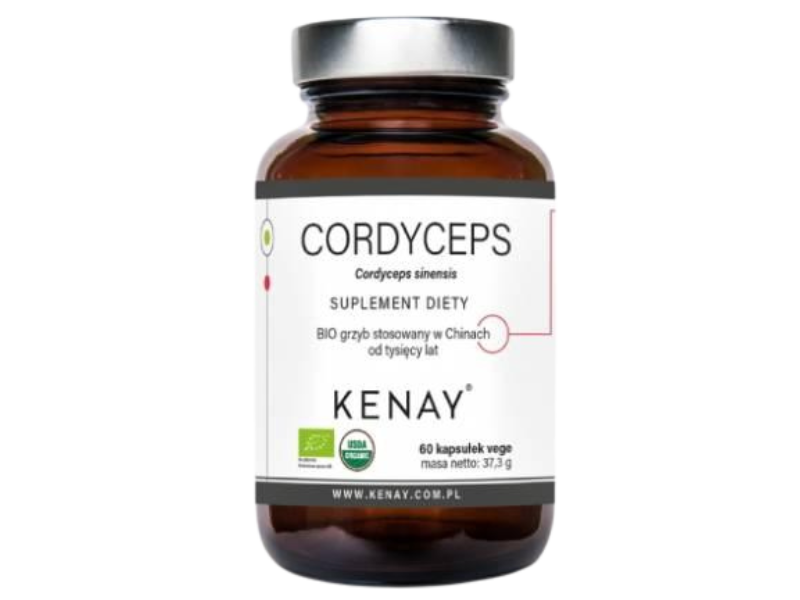 Zdjęcie przedstawia suplement diety Kenay Cordyceps sinensis organiczny, kapsułki, 525 mg.
