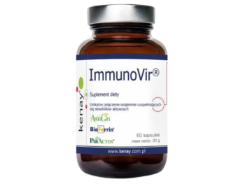 Zdjęcie przedstawia suplement diety Kenay Immunovir - astragalus, andrographis, lukrecja i laktoferyna, kapsułki.