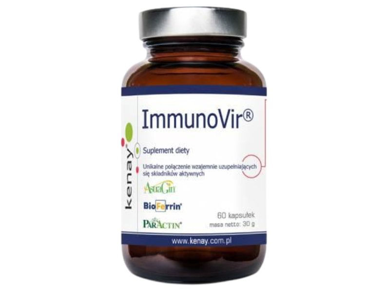 Zdjęcie przedstawia suplement diety Kenay Immunovir - astragalus, andrographis, lukrecja i laktoferyna, kapsułki.