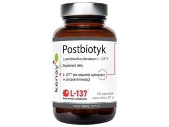 Zdjęcie przedstawia suplement diety Kenay Postbiotyk Lactobacillus plantarum L-137, kapsułki.