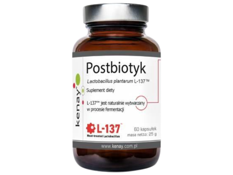Zdjęcie przedstawia suplement diety Kenay Postbiotyk Lactobacillus plantarum L-137, kapsułki.