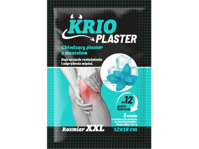 Zdjęcie przedstawia wyrób medyczny Krio plaster chłodzący plaster z mentolem XXL 12 cm x 18 cm.