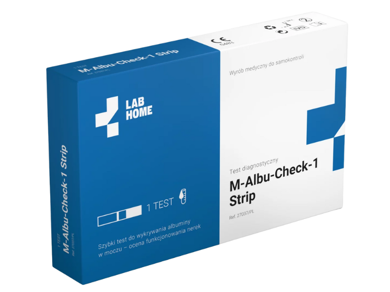 Zdjęcie przedstawia wyrób medyczny LabHome M-Albu-Check-1, test diagnostyczny.